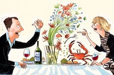 illustration of two people engaged in debate over a dinner table