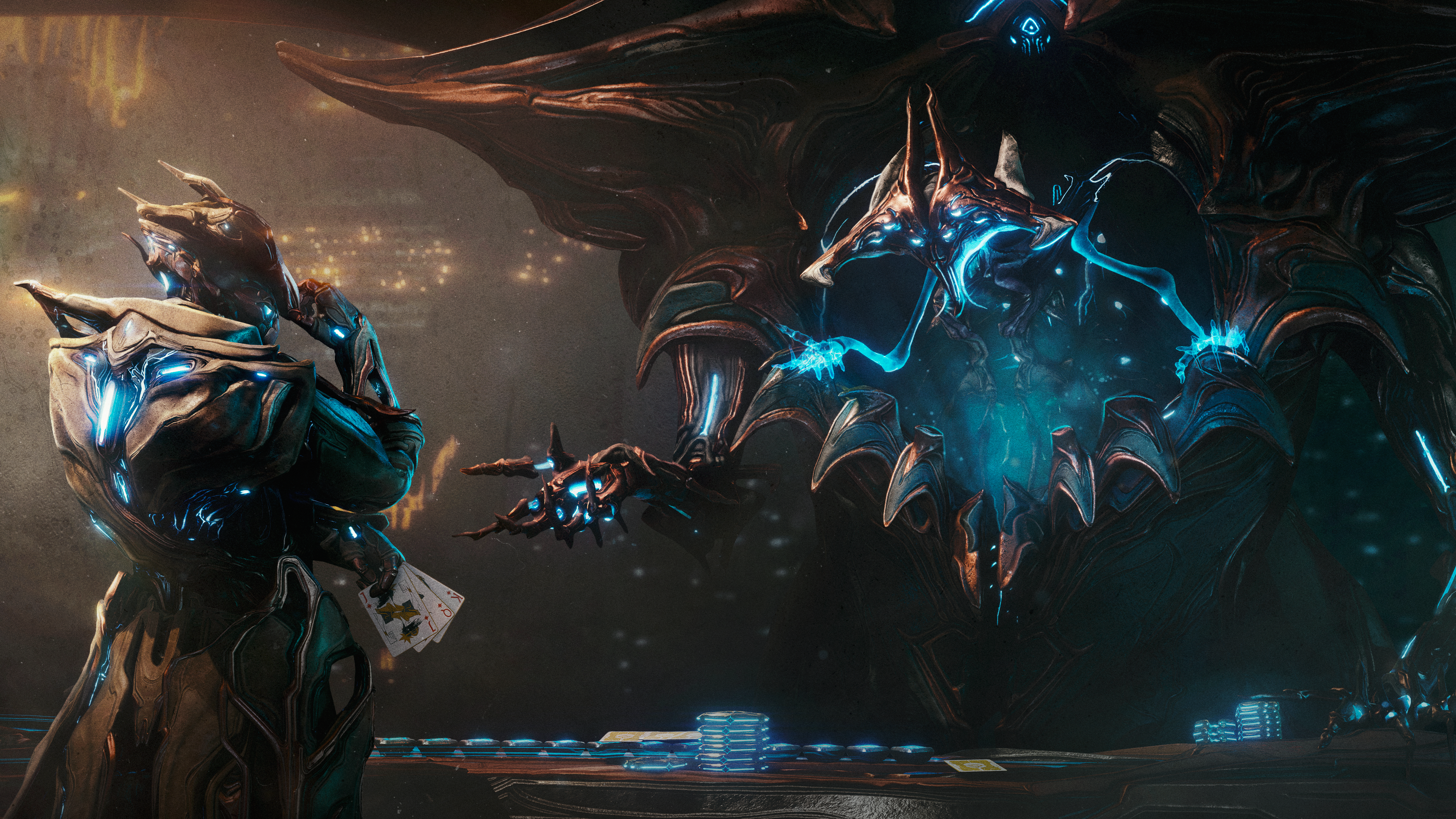 Screenshot of Warframe's Tau update, showing Brysko playing cards against the Hunra.