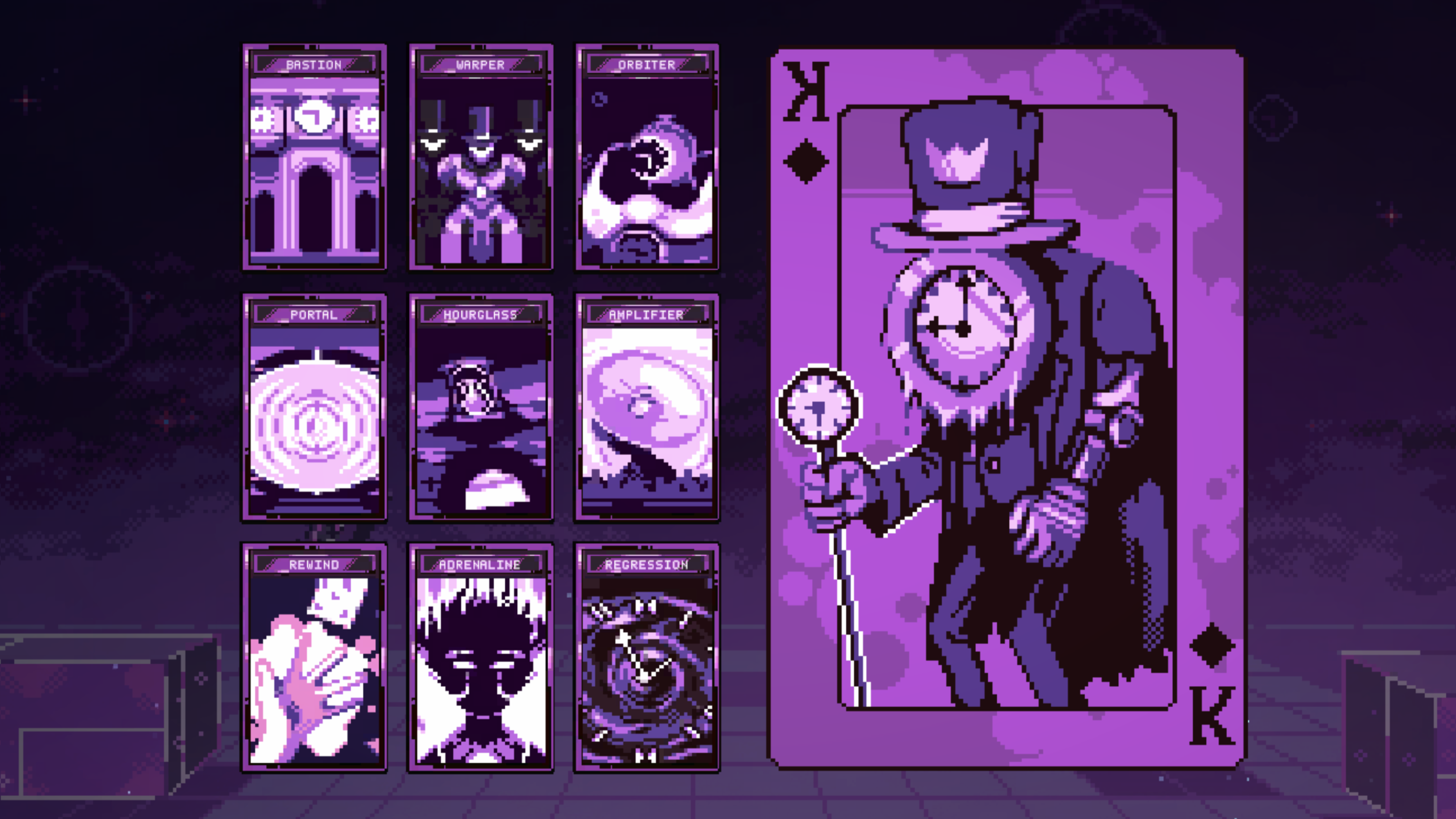 An image of the King of Time - a clock-faced automaton wearing a top-heat - as the central picture o a King of diamonds playing card. Several other cards are depicted in on the left hand side of the image.