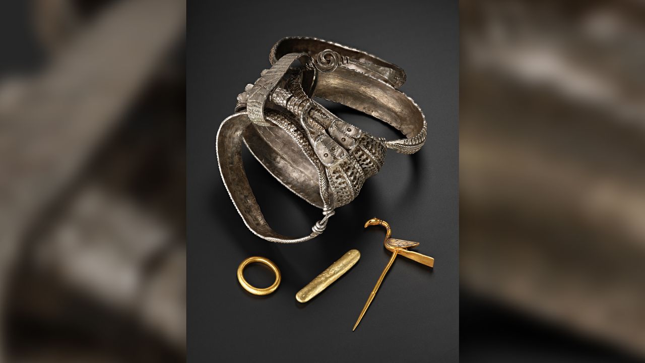 The four arm rings and gold objects, including the pin and a ring, from the Galloway Hoard