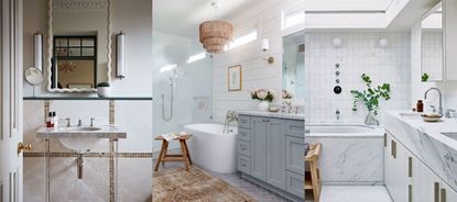 Bathroom layout mistakes. Close up of vanity area, sink and mirror. Cozy bathroom with shower, bath, cabinetry. White and gray marble bathroom.