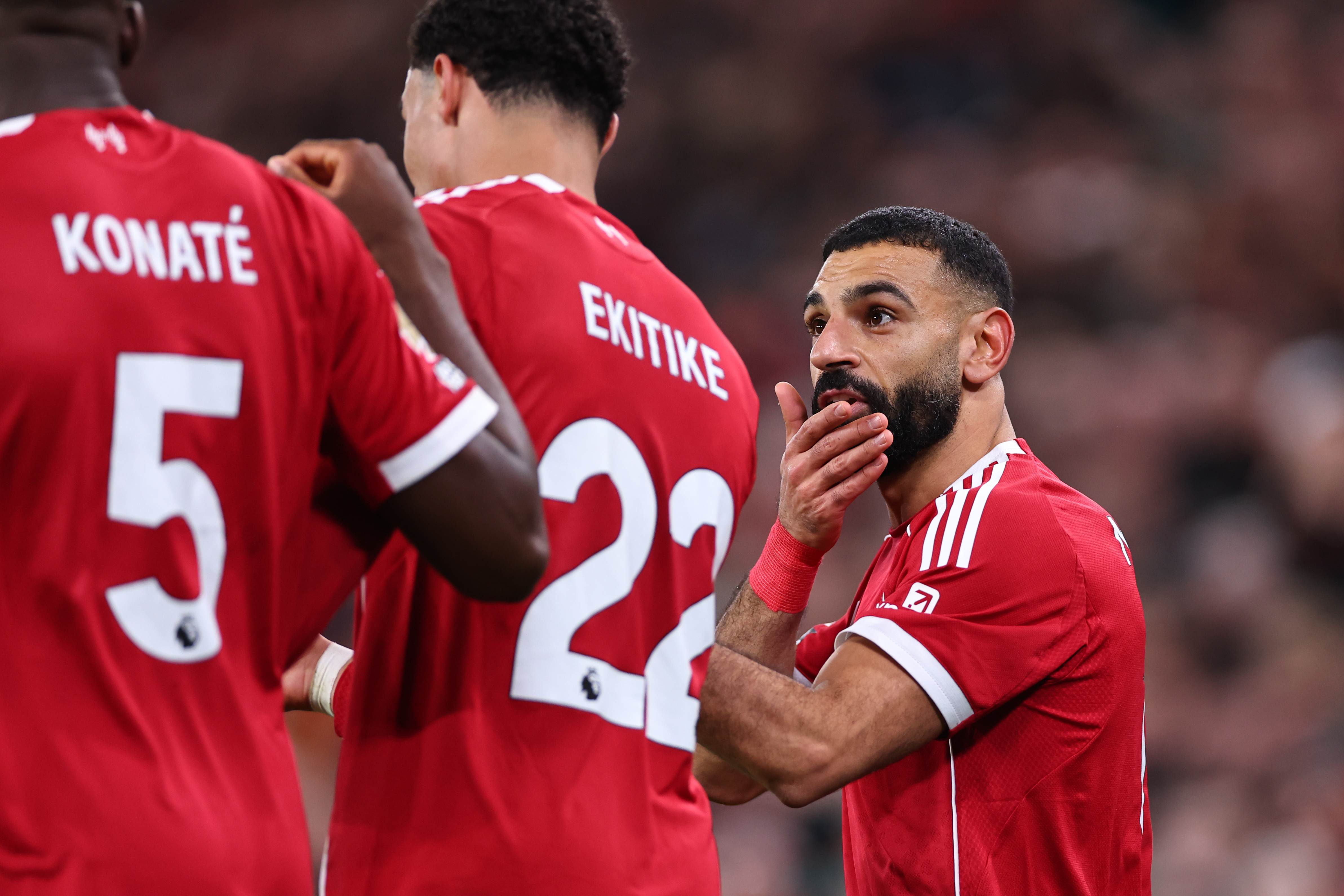 LIVERPOOL, ENGLAND - DECEMBER 13: Mohamed Salah of Liverpool speaks with Hugo Ekitike of Liverpool during the Premier League match between Liverpool and Brighton &amp;amp; Hove Albion at Anfield on December 13, 2025 in Liverpool, England. (Photo by Robbie Jay Barratt - AMA/Getty Images)