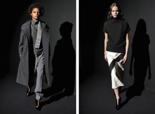 Left sees a monochrome stripe coat and matching high-neck sweater. Right, a minimalist boxy tee with a bold striped skirt