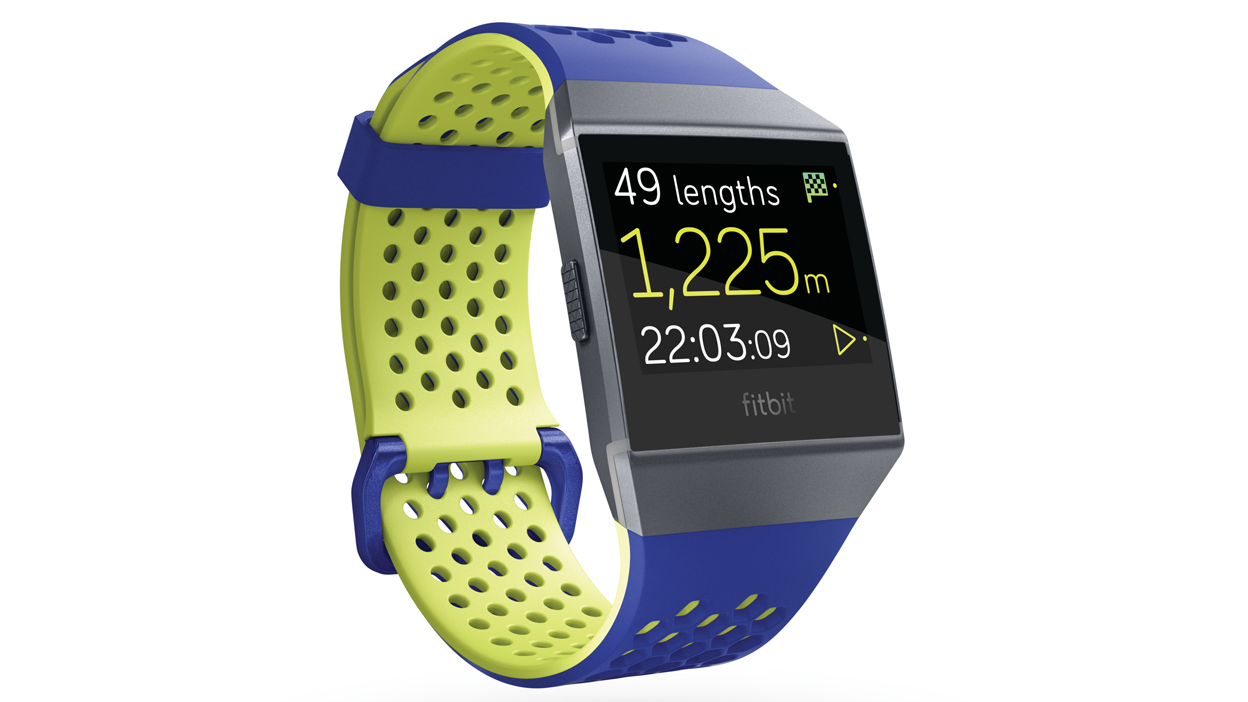 Fitbit Ionic with yellow and blue band