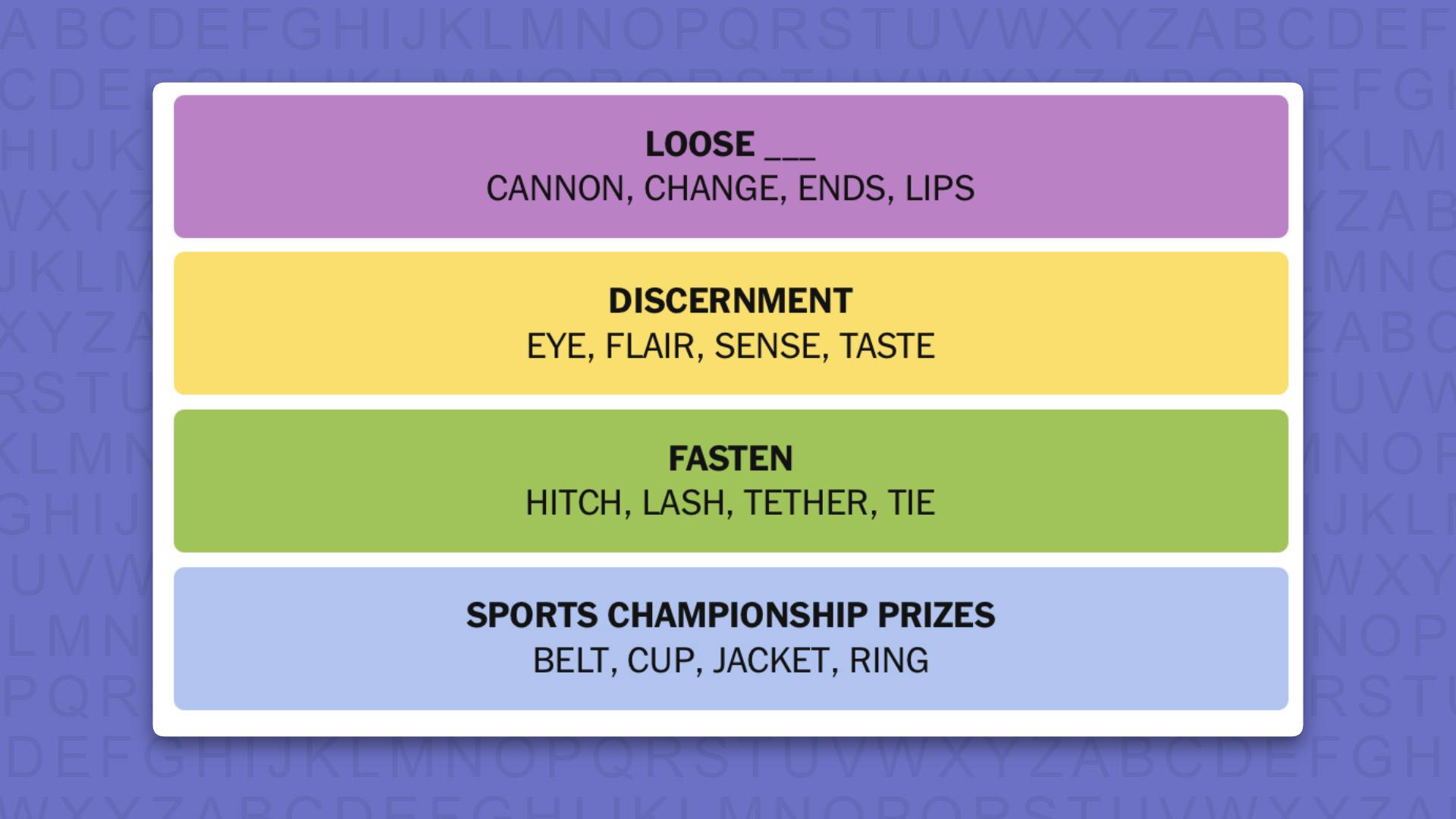 NYT Connections answers for game 1220 on a purple background