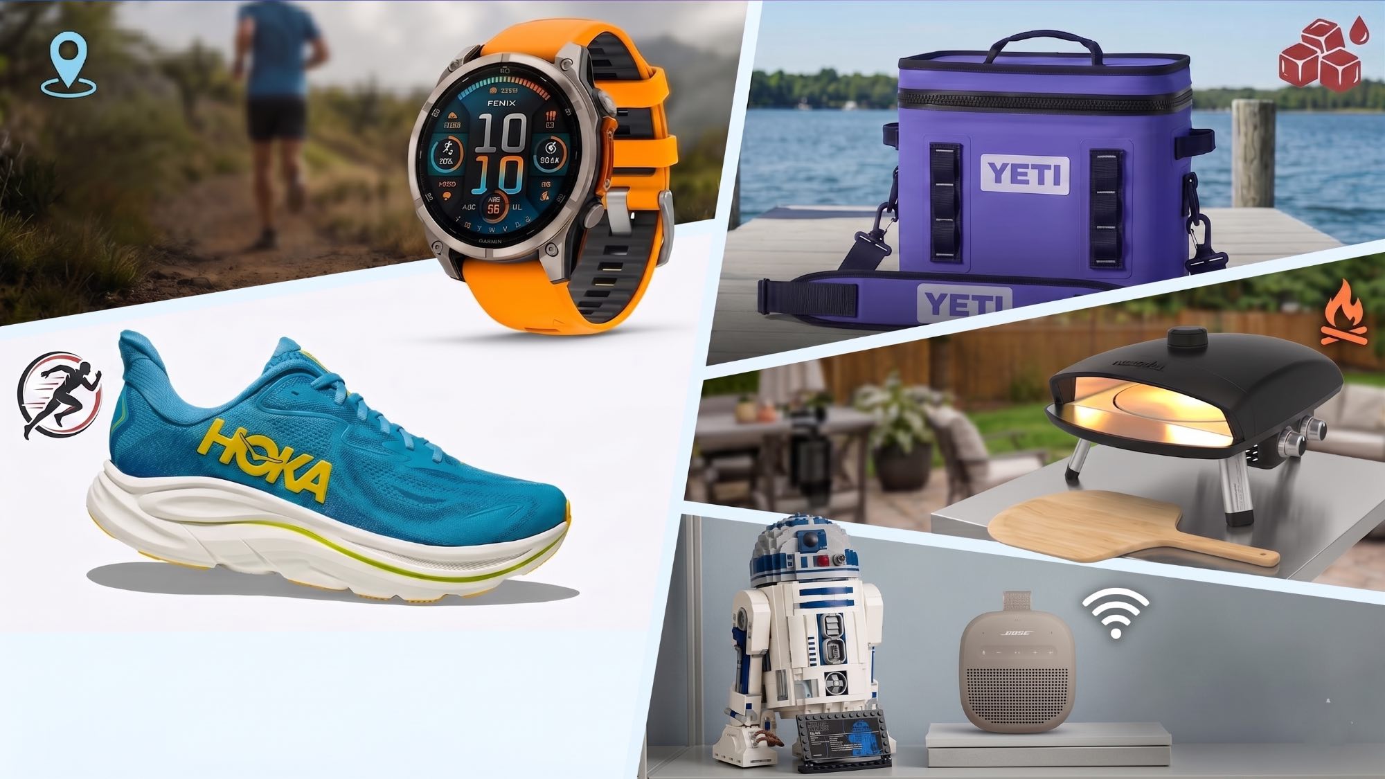 Garmin running watch, Hoka Clifton 10, Yeti cooler, Nexgrill pizza oven, R2-D2 lego and Bose SoundLink Micro speaker