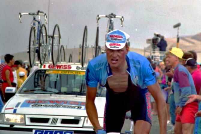 Bjarne Riis crests the summit of the Ventoux in the 1994 Tour de France