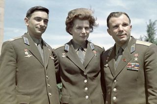 Valery Bykovsky (at left) with fellow Vostok cosmonauts Valentina Tereshkova, the first woman to fly in space, and Yuri Gagarin, the first human in space.