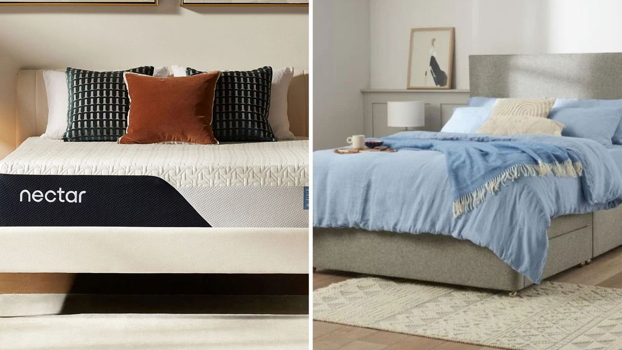 Gray and rust throw pillows on a Nectar mattress; white and blue bedding on a Woolroom mattress. 