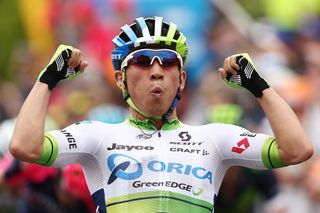 Caleb Ewan celebrates his stage 1 win at the Tour Down Under