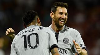 Lionel Messi and Neymar celebrate a goal for PSG.
