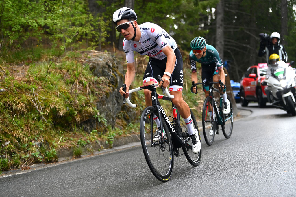 APRICA ITALY MAY 24 Joo Almeida of Portugal and UAE Team Emirates White Best Young Rider Jersey competes during the 105th Giro dItalia 2022 Stage 16 a 202km stage from Sal to Aprica 1173m Giro WorldTour on May 24 2022 in Aprica Italy Photo by Tim de WaeleGetty Images