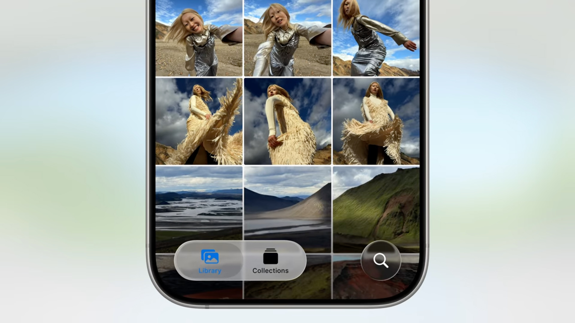 An iPhone showing the new Photos app in iOS 26