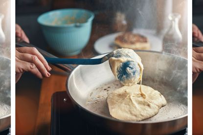 Thick pancake batter being poured onto a steaming hot frying pan