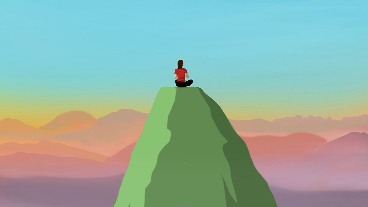 Illustration of a woman sitting on top of a green mountain, her back to us, with more peaks in front of her