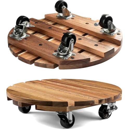 Chamsureuk 2 Pack 30cm-12 Inch Plant Caddy Wood Plant Stands With Wheels Plant Pot Trolley With Metal Lockable Caster Wheels Heavy Duty Rolling Plant Stand (wood - Round)