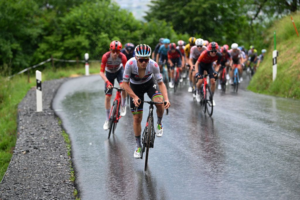 VILLARSSUROLLON SWITZERLAND JUNE 13 Remco Evenepoel of Belgium and Team Soudal QuickStep attacks during the 86th Tour de Suisse 2023 Stage 3 a 1438km stage from Tafers to VillarssurOllon 1256m UCIWT on June 13 2023 in VillarssurOllon Switzerland Photo by Dario BelingheriGetty Images