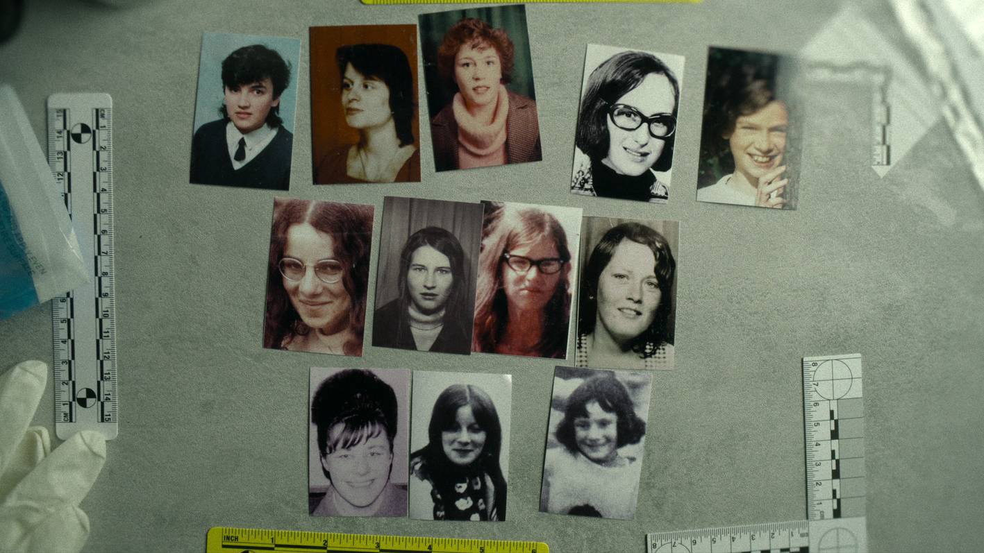 A board of stills of the West's victims from Netflix doc Fred and Rose West: A British Horror Story.