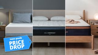 Composite image of the Zinus Green Tea Memory Foam, Helix Midnight Luxe and Brooklyn Bedding CopperFlex Pro Hybrid mattresses, with a Tom's Guide 'PRICE DROP' badge overlaid