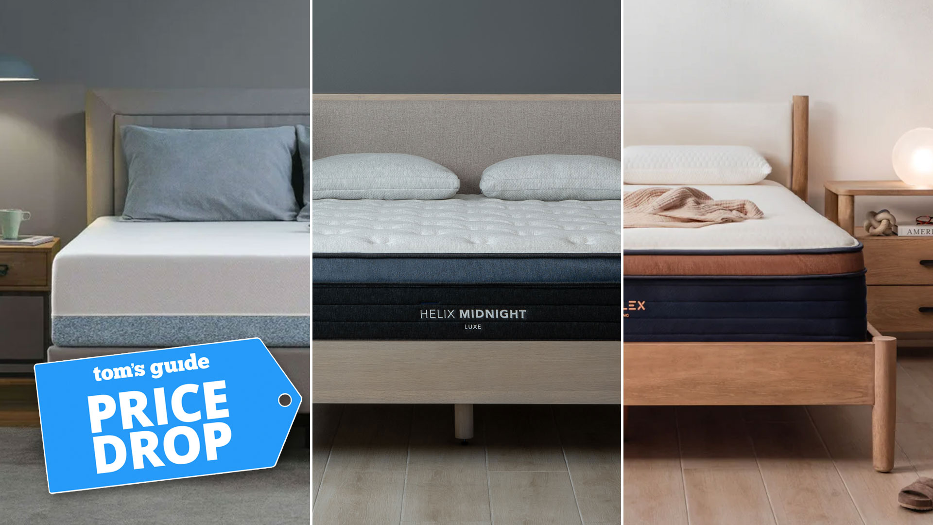 Composite image of the Zinus Green Tea Memory Foam, Helix Midnight Luxe and Brooklyn Bedding CopperFlex Pro Hybrid mattresses, with a Tom's Guide 'PRICE DROP' badge overlaid