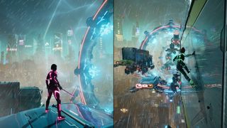 Side by side shots of a futuristic city level in Split Fiction, where one character is wall-running and the other is standing holding a neon sword