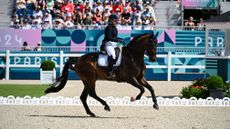 Pictured Lithuanian dressage rider Justina Vanagaite competing at the Paris Olympics
