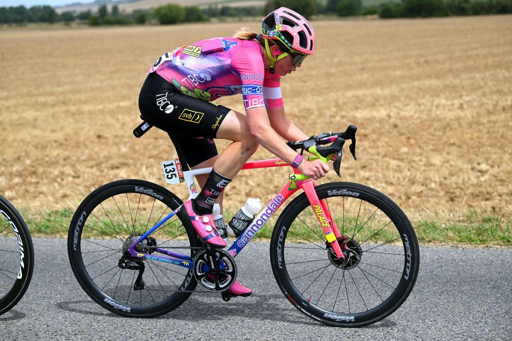 SAINTDIDESVOSGES FRANCE JULY 28 Emily Newsom of United States and Team EF Education Tibco Svb competes in the breakaway during the 1st Tour de France Femmes 2022 Stage 5 a 1756km stage from BarleDuc to SaintDidesVosges TDFF UCIWWT on July 28 2022 in SaintDidesVosges France Photo by Dario BelingheriGetty Images