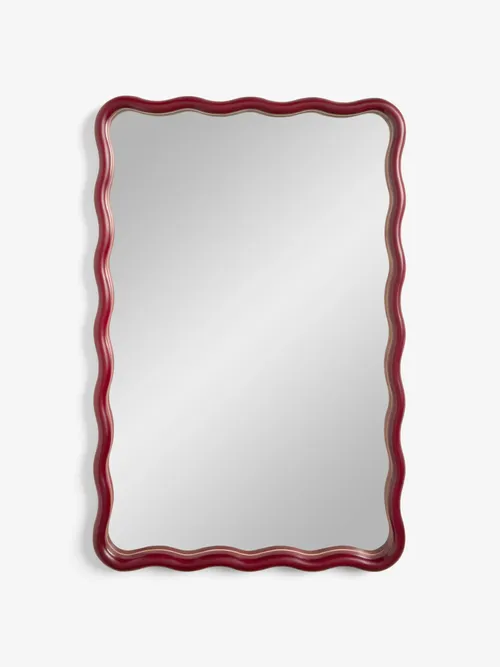Red Wavy Pine Wood Rectangular Wall Mirrror