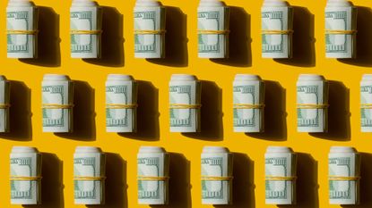 Abstract Pop Art Pattern of American dollars banknote bills on the yellow background