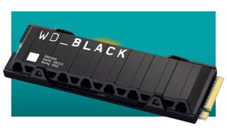 The WD_BLACK SN850X NVMe SSD with the heatsink attached floats in the teal-gradient PC Gamer deal void.