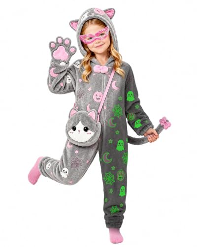 Halloween Glow in the Dark Cat Costume for Girls, Kids Animal Onesie Outfit | With Kitty Purse, Mask, Bow, Bows for Cosplay Daily Dress Up, Birthday Party Gifts for 7-8 Years Old