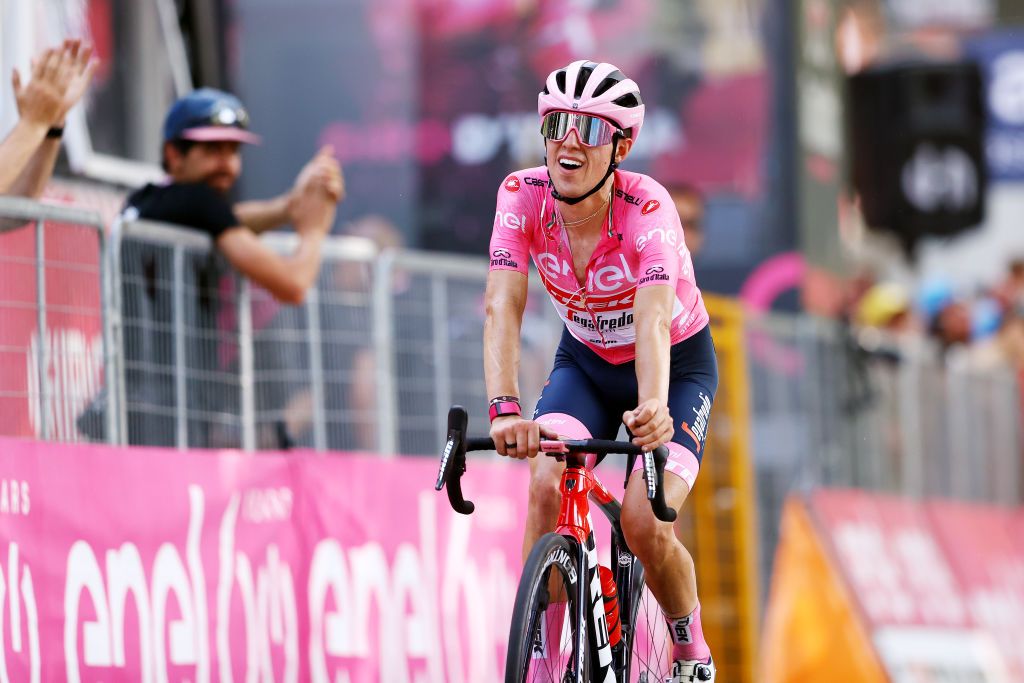 TURIN ITALY MAY 21 Juan Pedro Lpez of Spain and Team Trek Segafredo Pink Leader Jersey crosses the finish line during the 105th Giro dItalia 2022 Stage 14 a 147km stage from Santena to Torino Giro WorldTour on May 21 2022 in Turin Italy Photo by Michael SteeleGetty Images