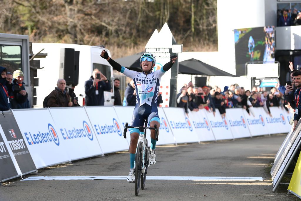 MONT BROUILLY FRANCE MARCH 06 Santiago Buitrago of Colombia and Team Bahrain Victorious celebrates at finish line as stage winner during the 82nd Paris Nice 2024 Stage 4 a 183km stage from ChalonsurSane to Mont Brouilly 476m UCIWT on March 06 2024 in Mont Brouilly France Photo by Alex BroadwayGetty Images