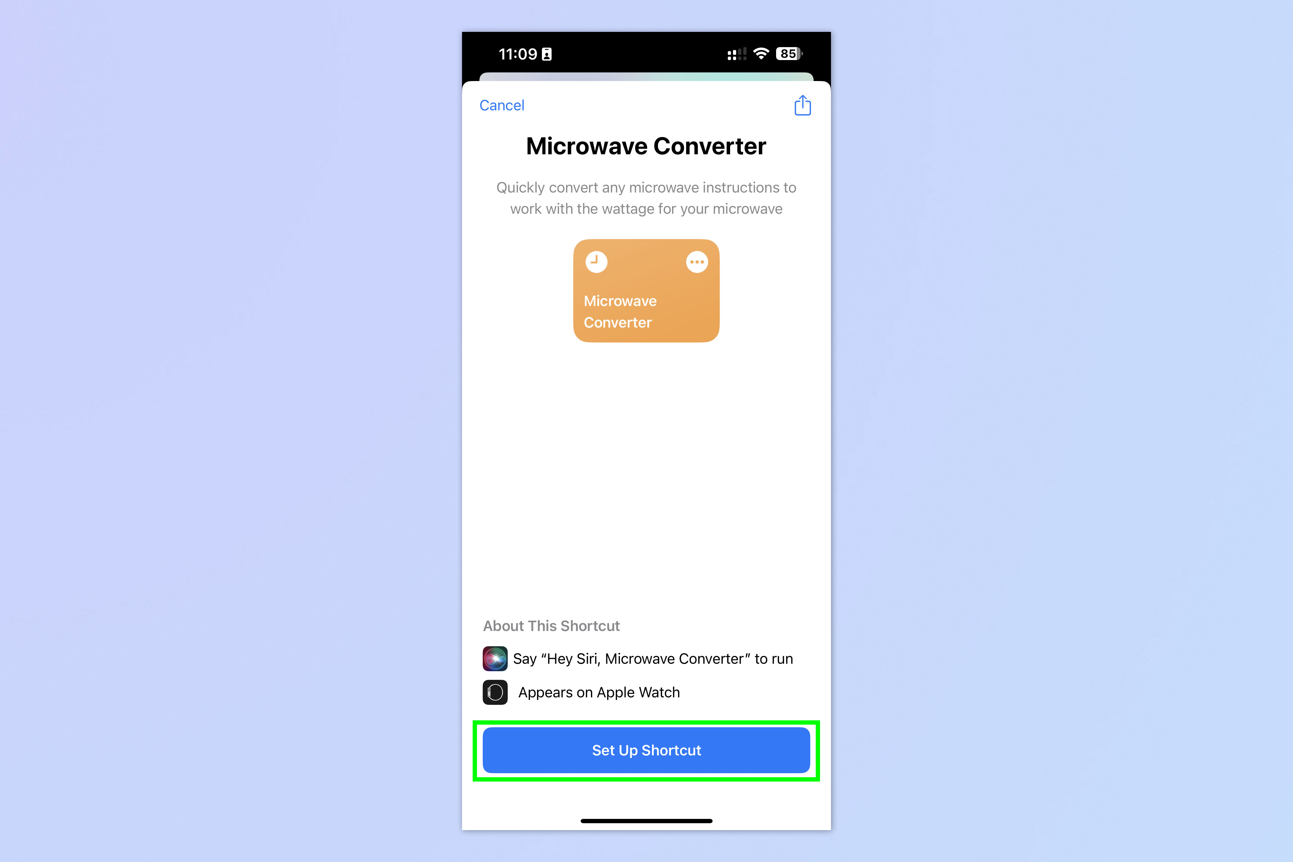Снимок экрана, показывающий, как использовать ярлык микроволнового конвертера iOS