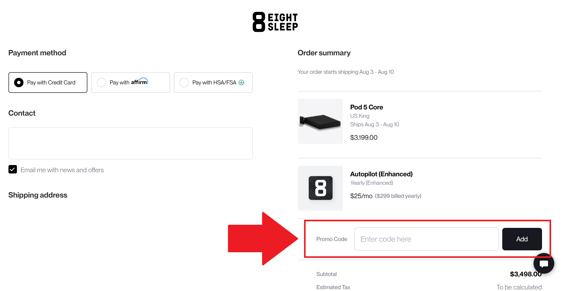 A screenshot of the eight sleep checkout page showing where to enter an eight sleep promo code