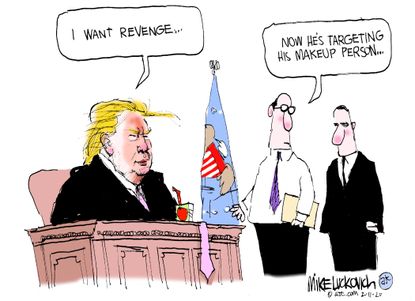 Political Cartoon U.S. Trump spray tan make-up revenge
