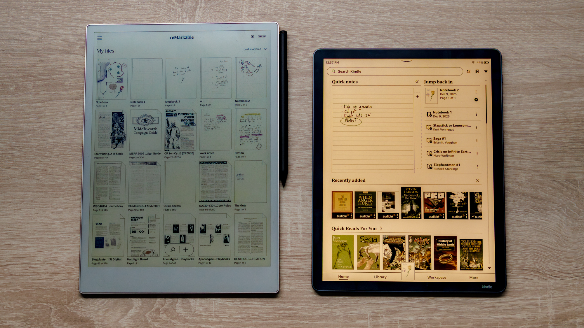 Kindle Scribe Colorsoft vs ReMarkable Paper Pro on a table alongside each other