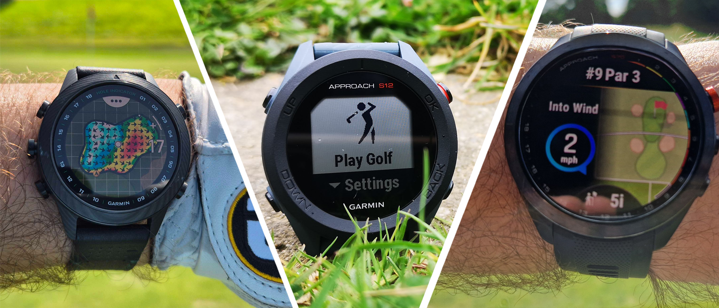 Three different Garmin golf watches