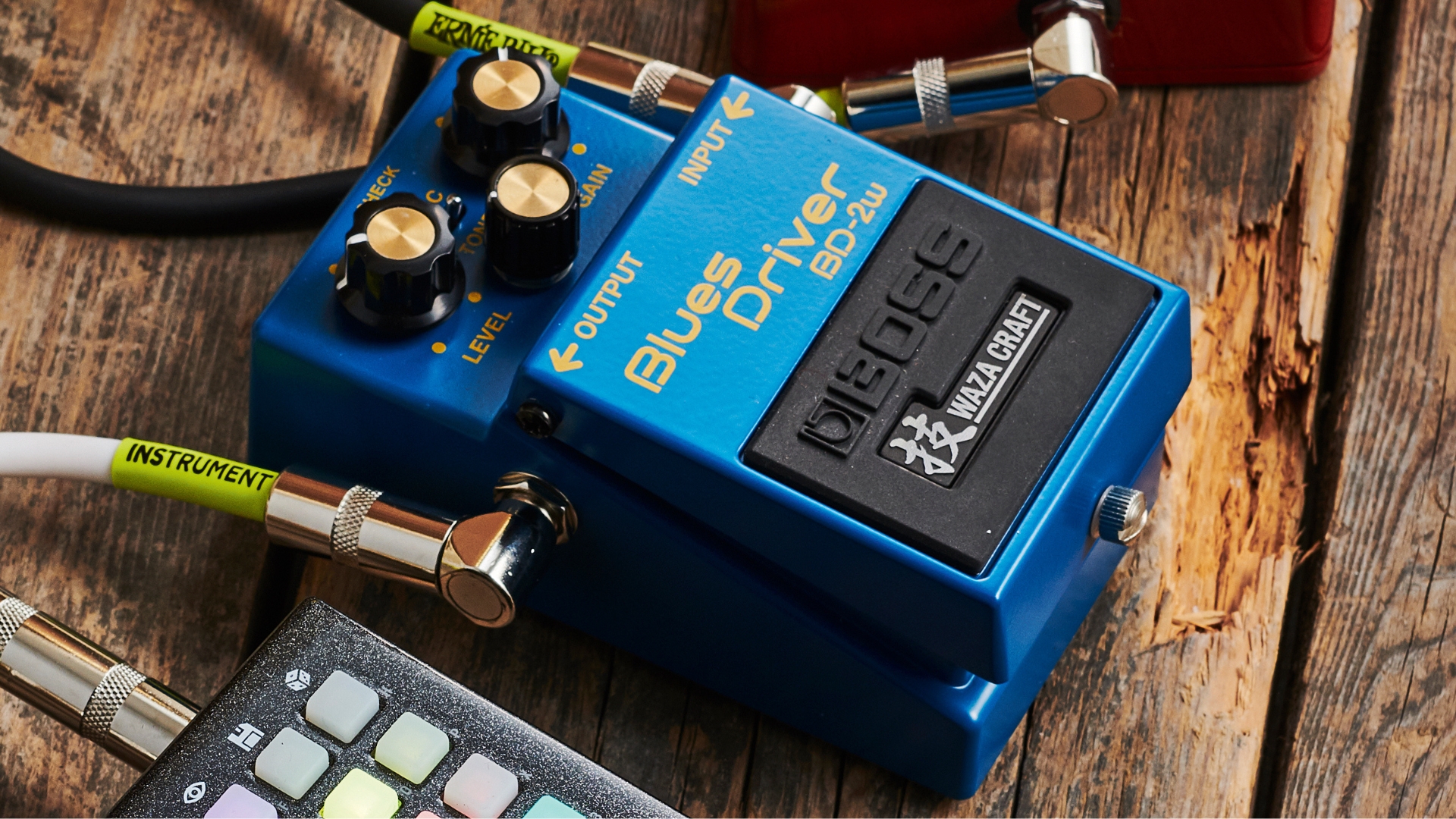A Boss BD-2w Waza Craft overdrive pedal on a wooden floor