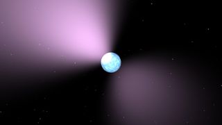 An artist’s impression of a pulsar with twin light cones beaming out of its poles.