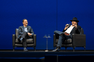 Adam Selipsky on stage with Salesforce CEO Mark Benioff