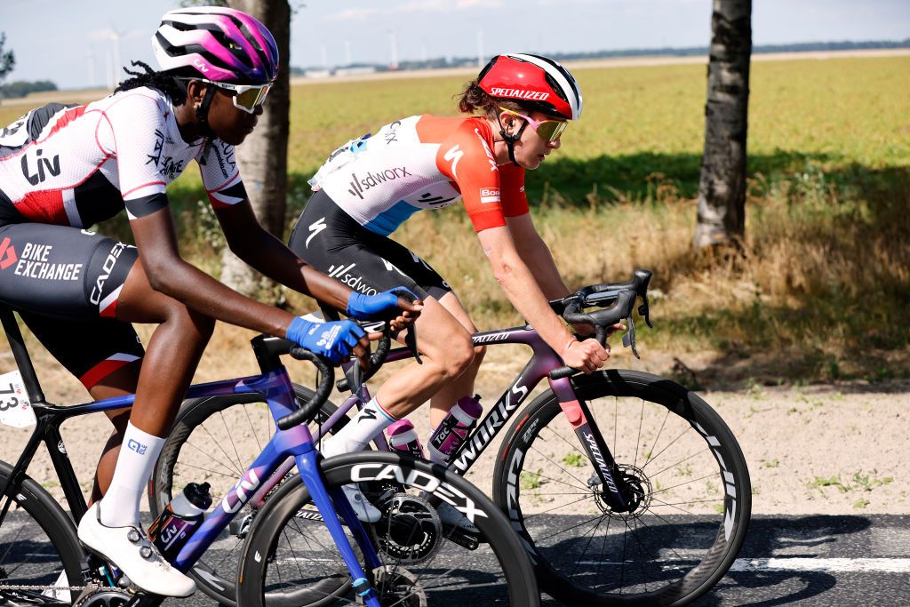 LELYSTAD NETHERLANDS AUGUST 30 LR Teniel Campbell of Trinidad And Tobago and Team BikeExchange Jayco and Christine Majerus of Luxembourg and Team SD Worx compete during the 25th Simac Ladies Tour 2022 Stage 1 a 1412km stage from Lelystad to Lelystad SLT2022 UCIWWT on August 30 2022 in Lelystad Netherlands Photo by Bas CzerwinskiGetty Images