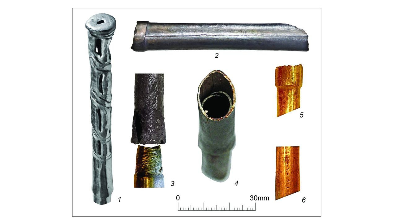 The design of the "scepter" components from the Maikop kurgan: 1) one of eight silver perforated tips; 2) joint between two segments of the silver tube, and longitudinal seam; 3&ndash;5) types of fittings; 6) probable soldered longitudinal seam.