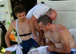 Simon Gerrans and Daryl Impey check themselves out after the stage 2 crash.