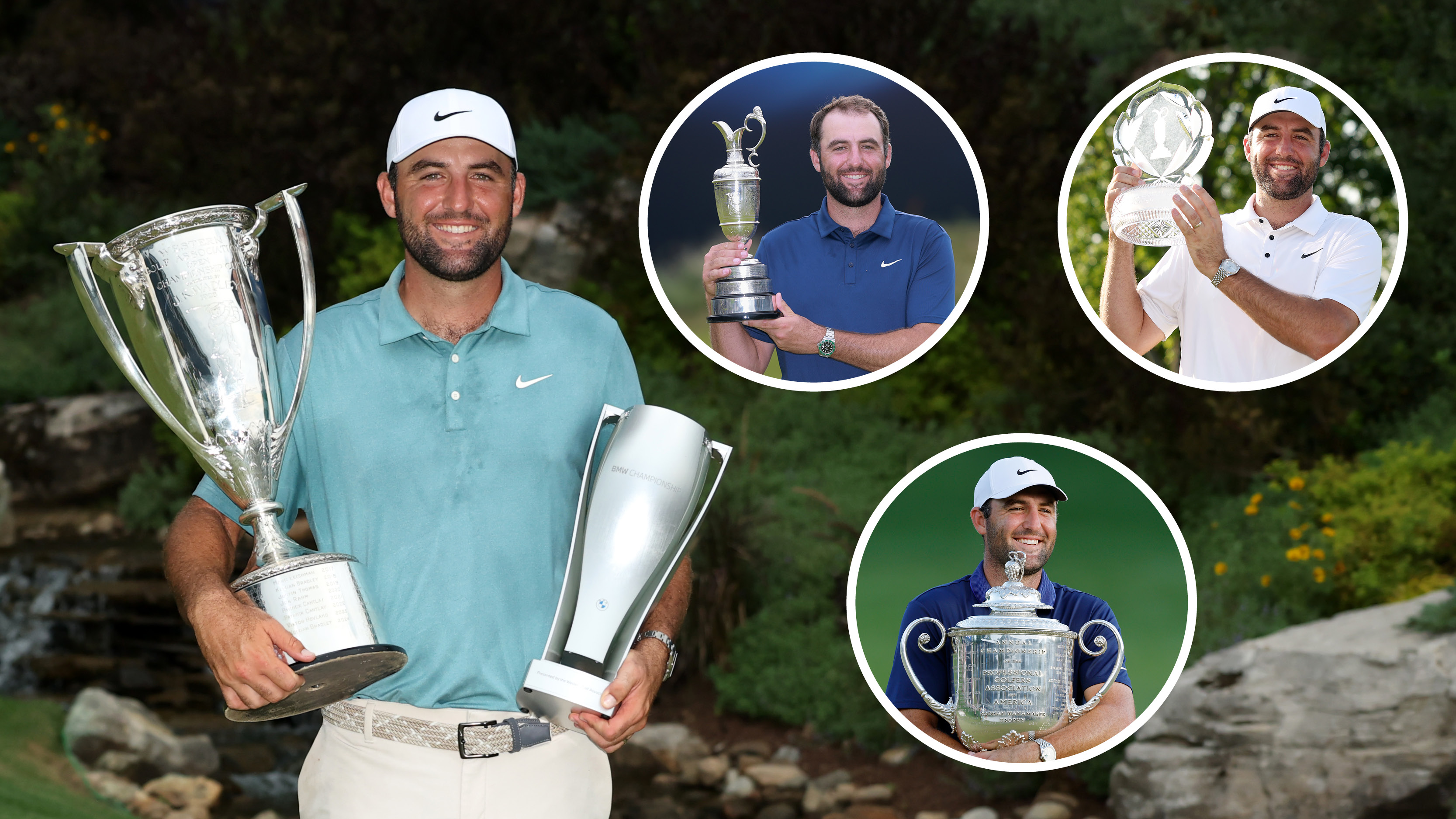 Main image of Scottie Scheffler holding the BMW Championship trophies with inset photos of Scheffler posing with the Claret Jug (upper middle), the Memorial trophy (top right) and the Wanamaker Trophy (bottom right)