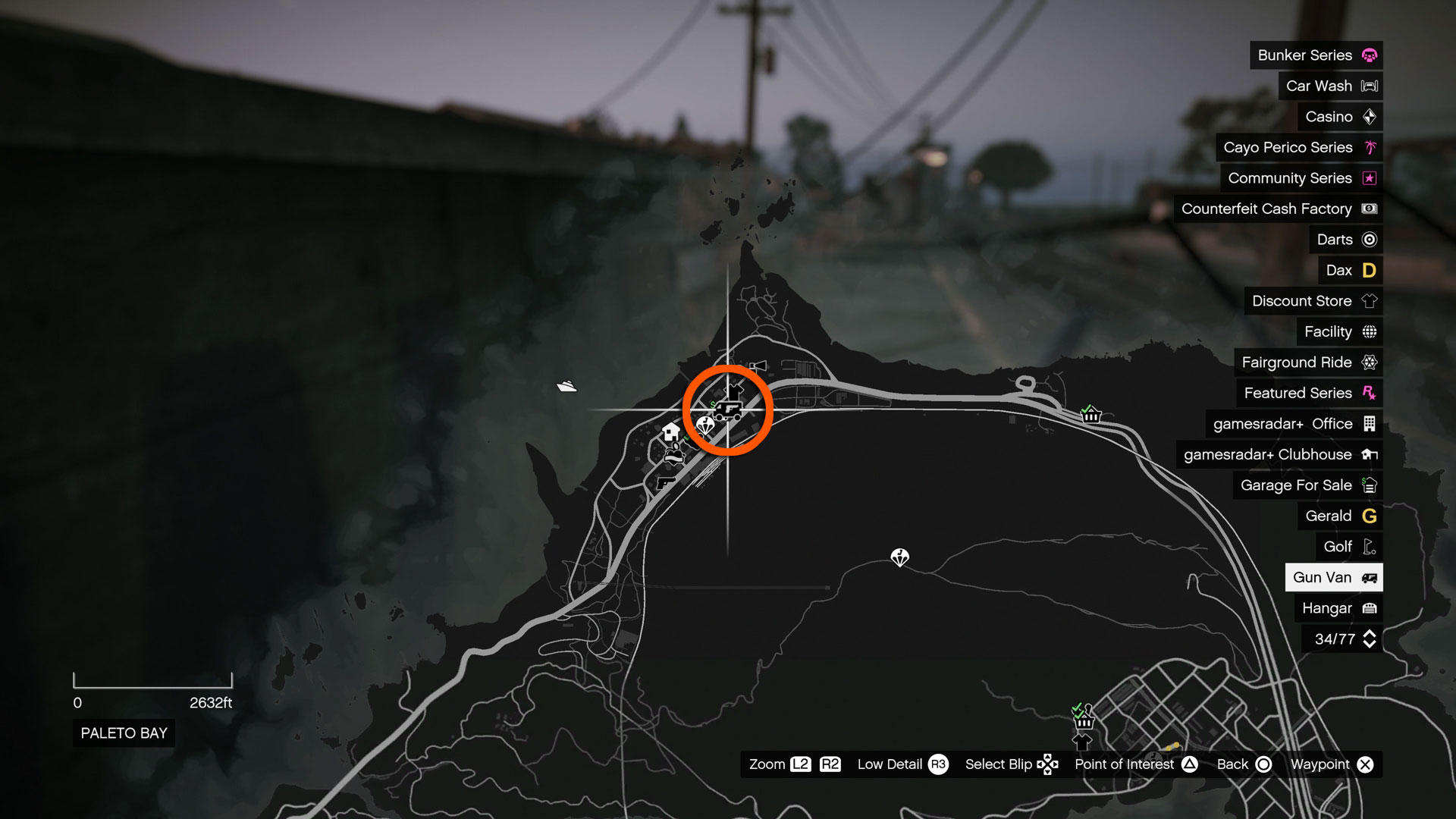 GTA Online Gun Van map showing Paleto Bay location