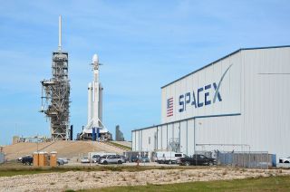 The Falcon Heavy outside SpaceX's facility at Kennedy Space Center in Florida.