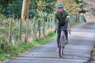 Steve Shrubsall rides a gravel bike with muddy tights on