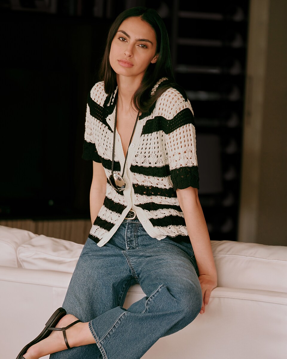 express, Striped Open Stitch Crochet Short Sleeve Sweater Polo