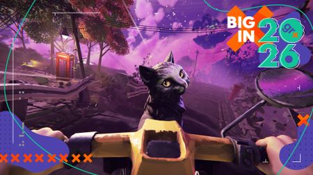 A cat on the front basket of a bike, which is riding down a road towards a strange purple sky